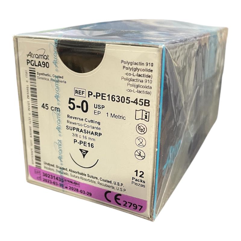 PGLA90 Поліглактин 910 плетений, незабарвлений, розсмоктується, USP 5-0 (EP1) зі зворотн.-ріж. голкою 16мм, 3/8 кола, довж. нитки 45см